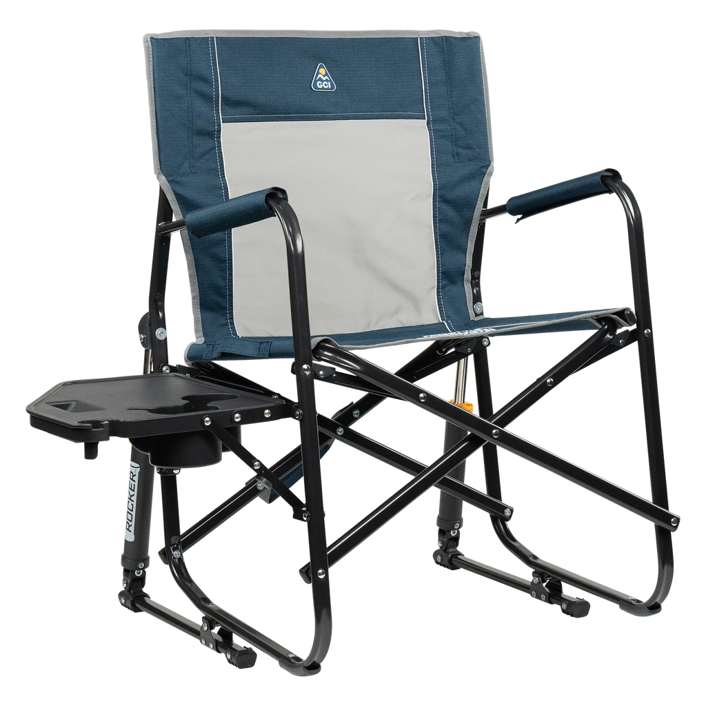 Smooth Motion Freestyle Rocker with Side Table - Choice 853 - Heavy-Duty Kickback Rocker with Beverage Holder - Heathered Indigo