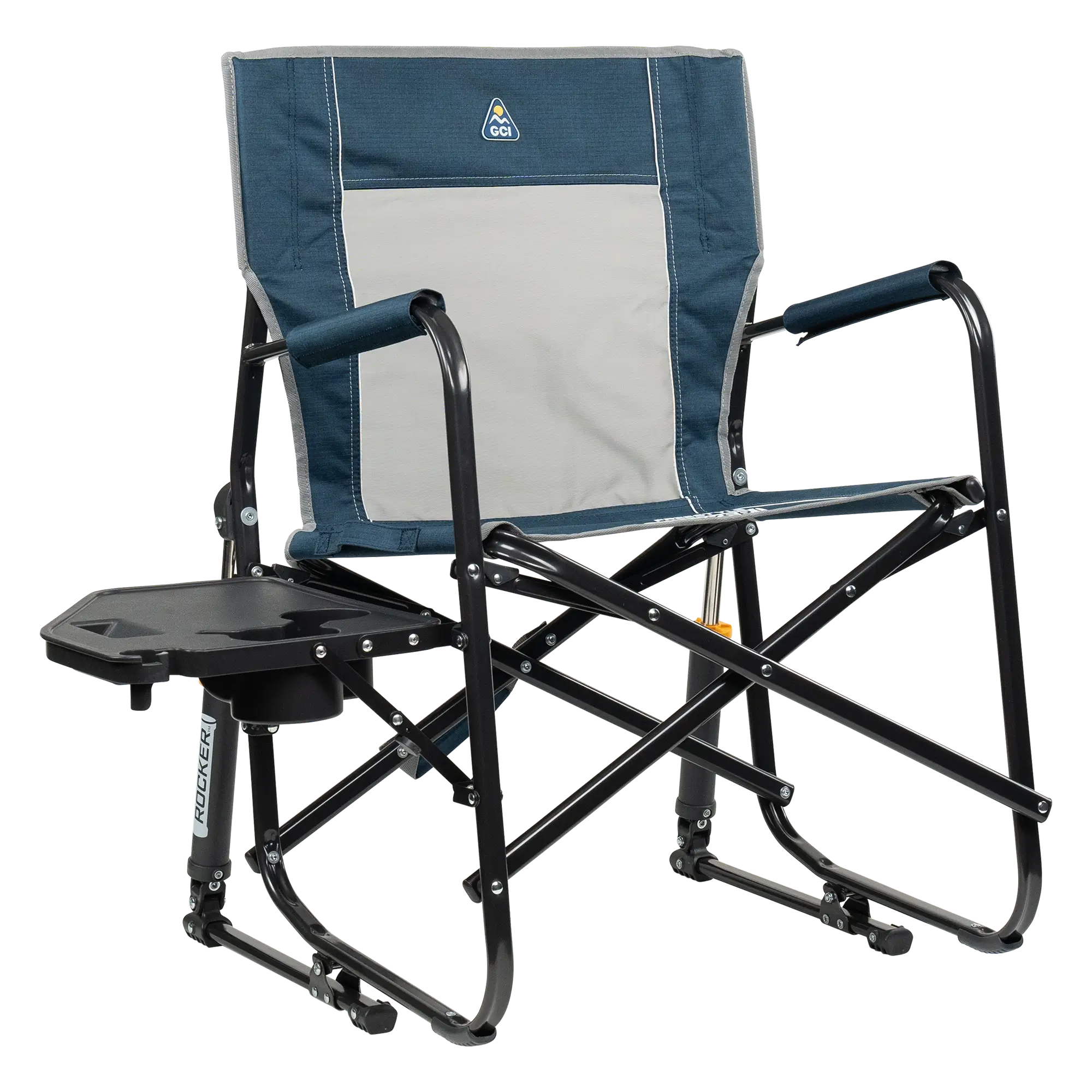 Smooth Motion Freestyle Rocker with Side Table - Choice 853 - Heavy-Duty Kickback Rocker with Beverage Holder - Heathered Indigo