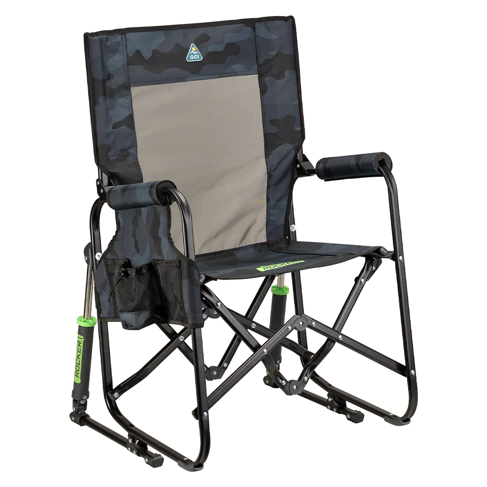Patented Spring-Action Stowaway Rocker - Choice 794 - RoadTrip Rocker Smooth Motion Camp Chair - Stealth Camo