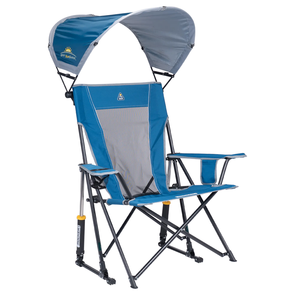 Patented Spring-Action SunShade Rocker - Choice 550 - Heavy-Duty Kickback Rocker with Beverage Holder - Neptune Blue