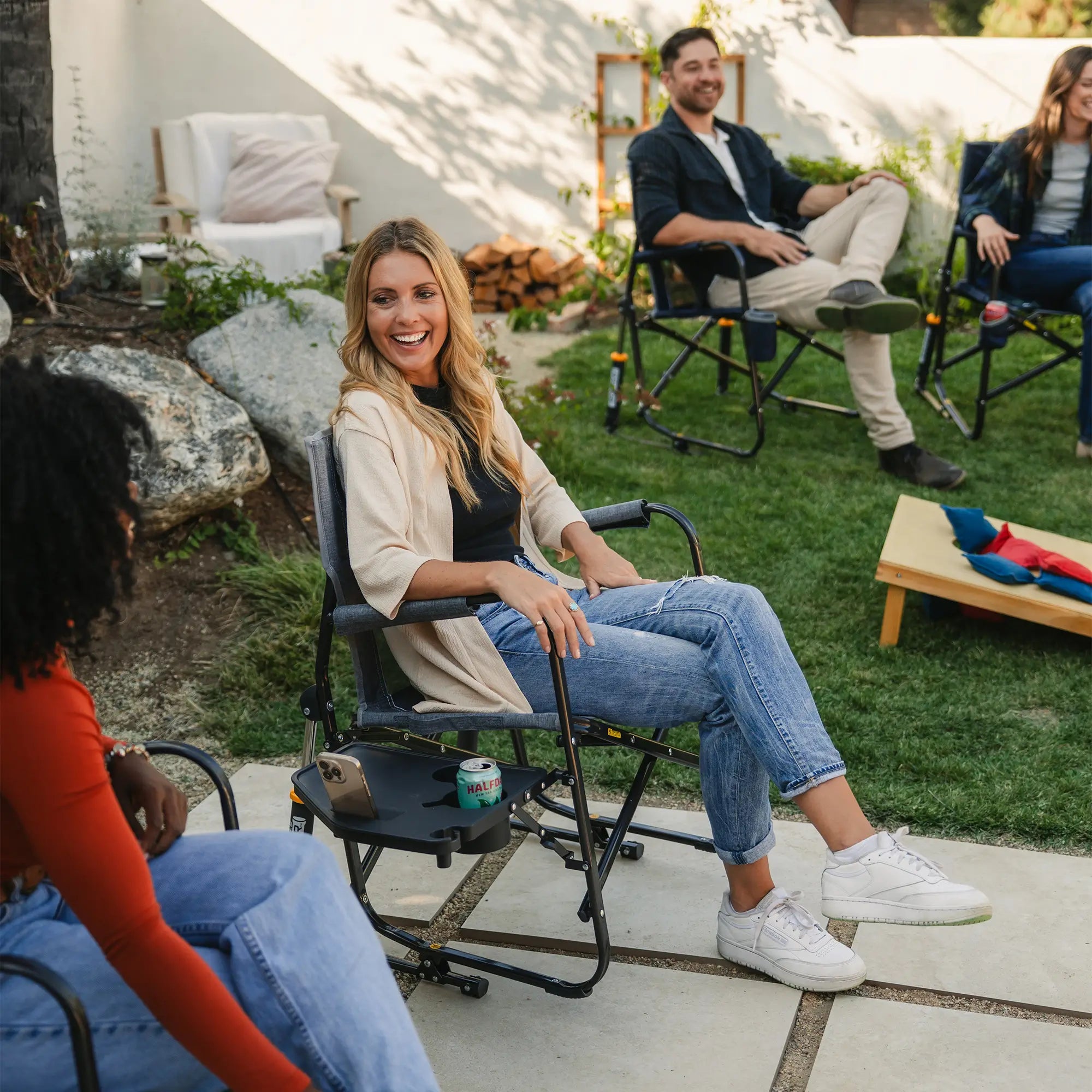 Smooth Motion Freestyle Rocker with Side Table - Choice 853 - Heavy-Duty Kickback Rocker with Beverage Holder Detail