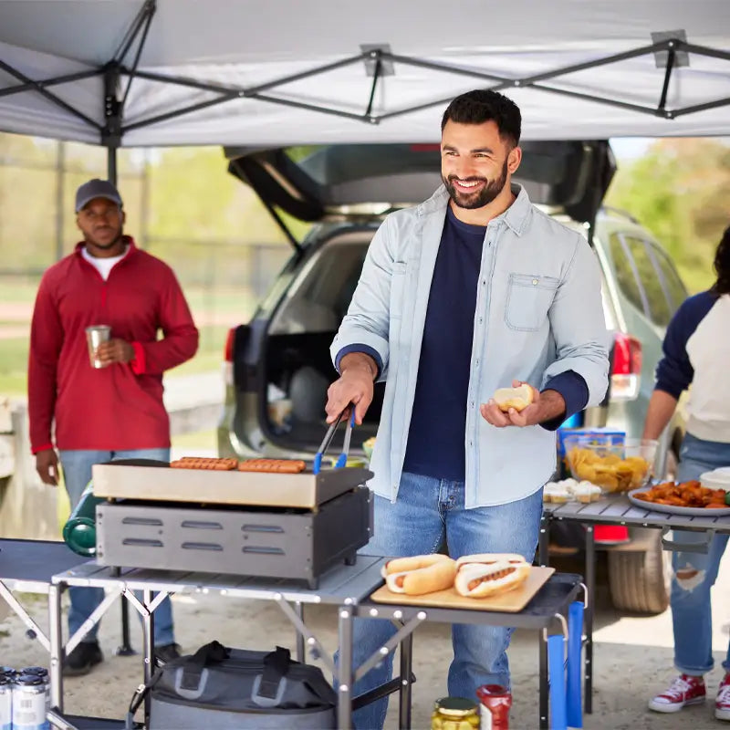 Heat-Resistant Tool Slim-Fold Cook Station - Choice 575 - Heavy-Duty Stainless Steel Camp Cooking Gear Detail