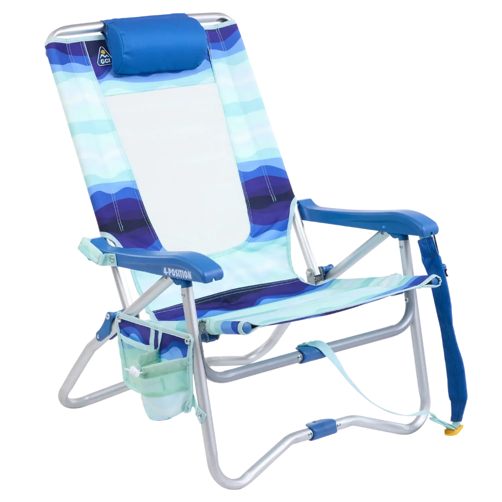 Rust-Resistant Aluminum Bi-Fold Beach Chair - Choice 601 - Low-Profile Reclining Beach Chair with Backpack Straps - Wave