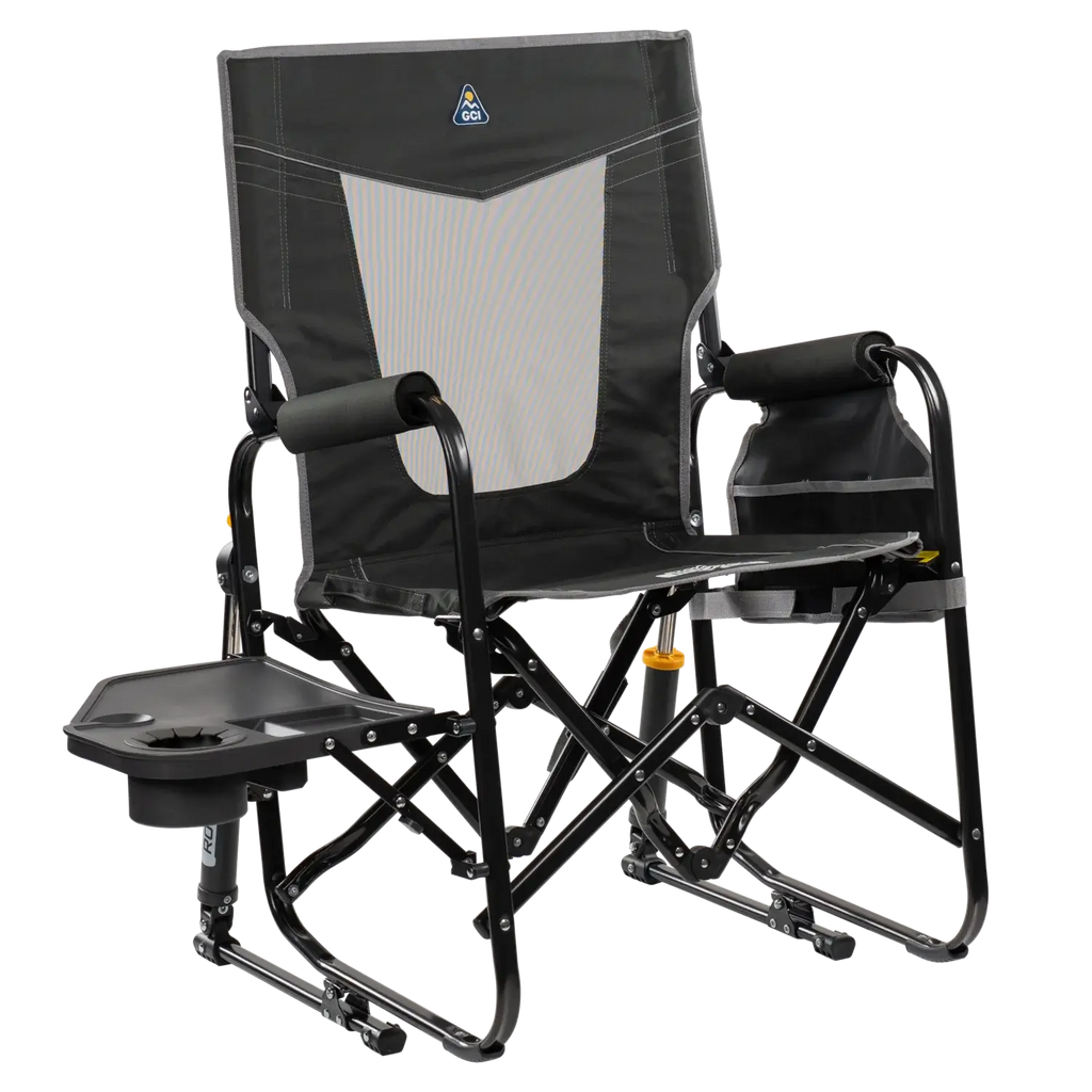 Luxury Camp Stowaway Rocker with Side Table - Choice 253 - RoadTrip Rocker Smooth Motion Camp Chair - Dark Charcoal