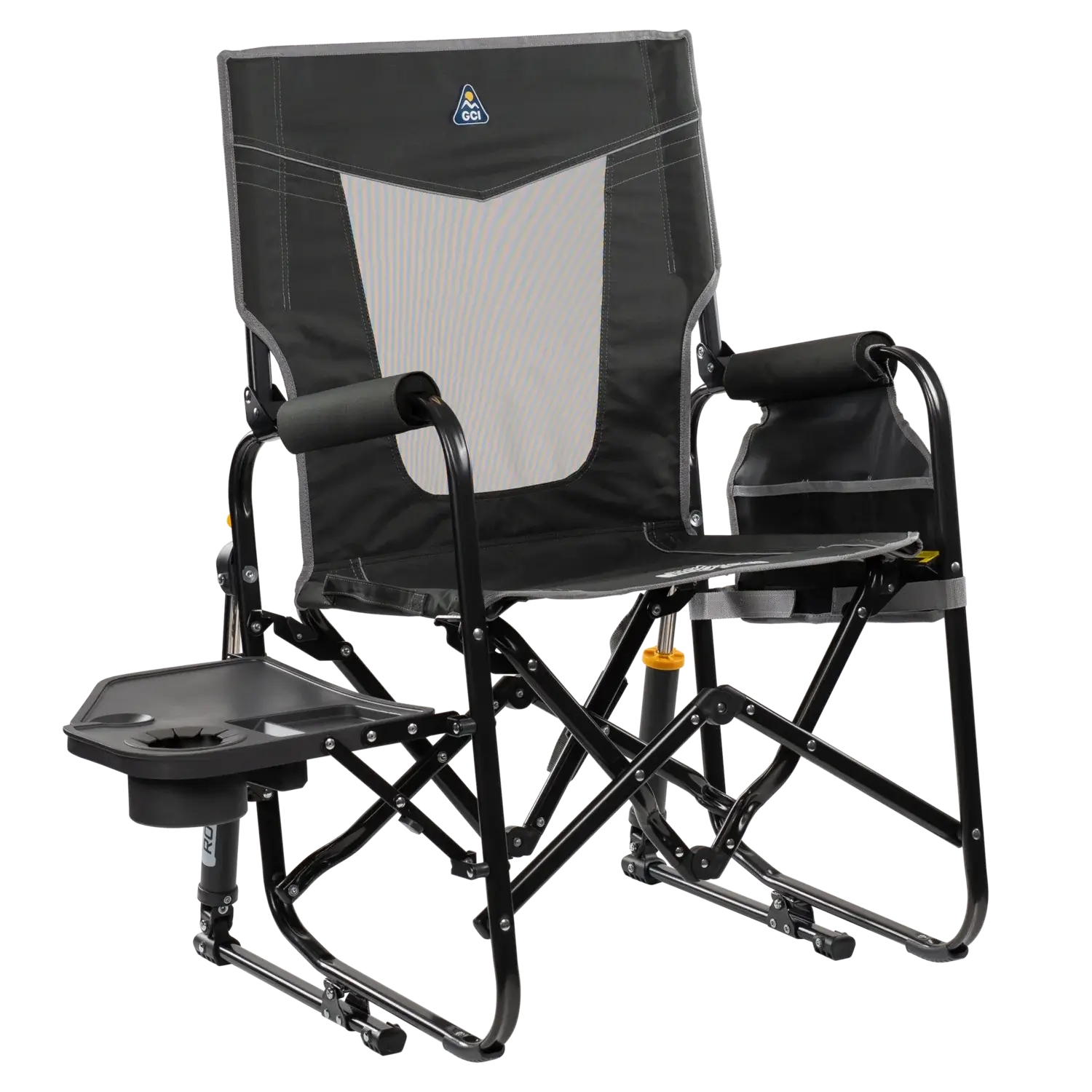 Luxury Camp Stowaway Rocker with Side Table - Choice 253 - RoadTrip Rocker Smooth Motion Camp Chair - Dark Charcoal