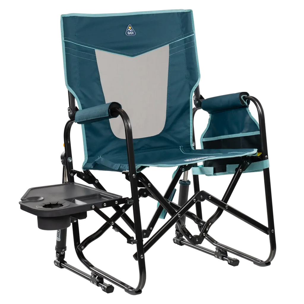 Luxury Camp Stowaway Rocker with Side Table - Choice 253 - RoadTrip Rocker Smooth Motion Camp Chair - Teal