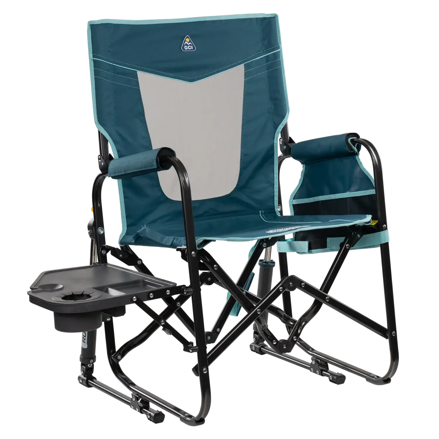 Luxury Camp Stowaway Rocker with Side Table - Choice 253 - RoadTrip Rocker Smooth Motion Camp Chair - Teal